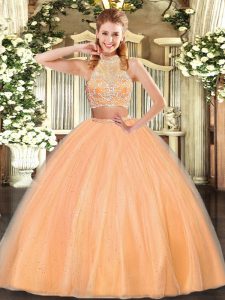 Flare Beading 15th Birthday Dress Orange Red Criss Cross Sleeveless Floor Length