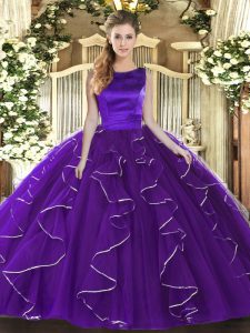 Simple Floor Length Lace Up Sweet 16 Dresses Purple for Military Ball and Sweet 16 and Quinceanera with Ruffles