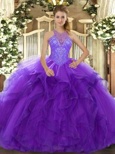 Sexy Purple Organza Lace Up Quinceanera Dress Sleeveless Floor Length Beading and Ruffles