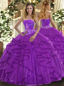 Purple Lace Up Strapless Beading and Ruffles Quinceanera Gowns Tulle Sleeveless