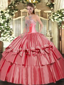 Modern Coral Red Sweetheart Neckline Beading and Ruffled Layers 15th Birthday Dress Sleeveless Lace Up