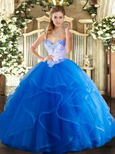 Charming Floor Length Lace Up Quinceanera Gown Blue for Military Ball and Sweet 16 and Quinceanera with Beading and Ruffles