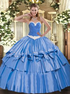 Floor Length Lace Up Quince Ball Gowns Blue for Military Ball and Sweet 16 and Quinceanera with Appliques and Ruffled Layers