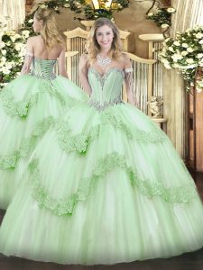 Fantastic Apple Green Ball Gowns Sweetheart Sleeveless Tulle Floor Length Lace Up Beading and Appliques Quince Ball Gowns