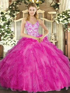 Glittering Fuchsia Lace Up Straps Appliques and Ruffles Quinceanera Gowns Tulle Sleeveless