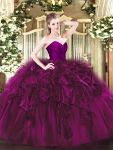 Dynamic Sweetheart Sleeveless Quinceanera Gowns Floor Length Ruffles Fuchsia Organza