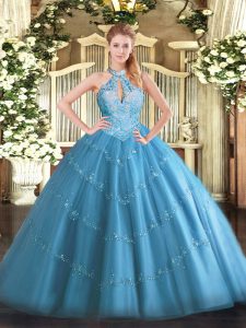 Baby Blue Tulle Lace Up Quinceanera Gown Sleeveless Floor Length Beading