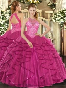 Excellent Tulle High-neck Sleeveless Lace Up Beading and Ruffles Sweet 16 Quinceanera Dress in Hot Pink