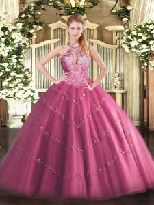 Sumptuous Hot Pink Ball Gowns Tulle Halter Top Sleeveless Lace and Appliques Floor Length Lace Up Sweet 16 Dress