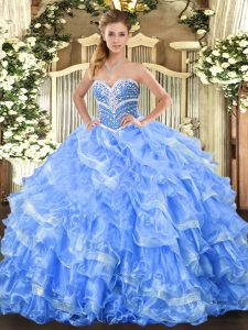 Sleeveless Organza Floor Length Lace Up Quince Ball Gowns in Baby Blue with Beading and Ruffled Layers