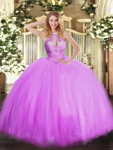 Lilac Ball Gowns Tulle Halter Top Sleeveless Beading Floor Length Lace Up Sweet 16 Quinceanera Dress