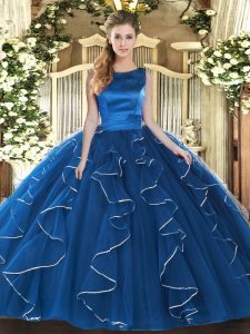 Blue Scoop Neckline Ruffles 15th Birthday Dress Sleeveless Lace Up