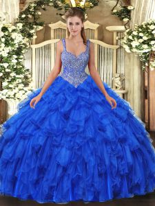 Cute Royal Blue Ball Gowns Straps Sleeveless Organza Floor Length Lace Up Beading and Ruffles Quinceanera Dresses