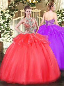 Halter Top Sleeveless Tulle Quince Ball Gowns Beading and Ruffles Lace Up