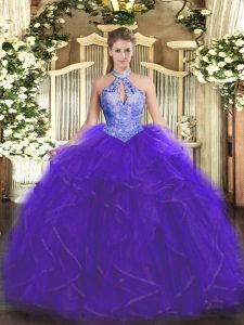 Trendy Halter Top Sleeveless 15 Quinceanera Dress Floor Length Ruffles and Sequins Purple Organza