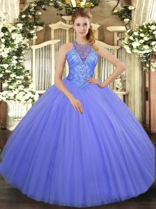 Dramatic Tulle High-neck Sleeveless Lace Up Beading Quince Ball Gowns in Lavender