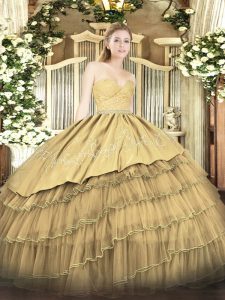 Wonderful Beading and Lace and Embroidery and Ruffled Layers Quinceanera Dresses Gold Zipper Sleeveless Floor Length