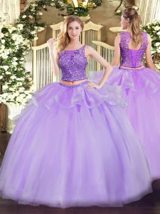 Lavender Sleeveless Floor Length Beading Lace Up Vestidos de Quinceanera