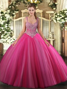 Shining Hot Pink Sleeveless Tulle Lace Up Sweet 16 Dresses for Military Ball and Sweet 16 and Quinceanera