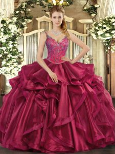 Dazzling Wine Red Sleeveless Floor Length Beading and Ruffles Lace Up Sweet 16 Dress