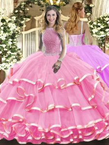 Fantastic Rose Pink Quinceanera Gown Military Ball and Sweet 16 and Quinceanera with Beading and Ruffled Layers High-neck Sleeveless Lace Up