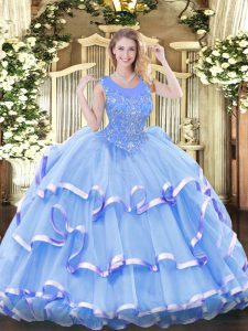 Fashionable Baby Blue Scoop Zipper Beading and Ruffled Layers Quinceanera Gowns Sleeveless