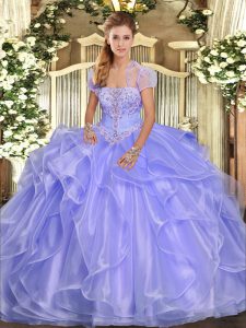 Flare Floor Length Lavender Quinceanera Gown Organza Sleeveless Appliques and Ruffles