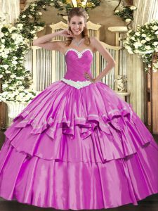 Lilac Lace Up Ball Gown Prom Dress Appliques and Ruffled Layers Sleeveless Floor Length