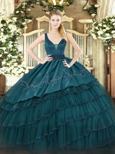 Organza and Taffeta Sleeveless Floor Length 15 Quinceanera Dress and Beading and Embroidery and Ruffled Layers