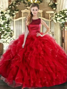 Fitting Ball Gowns Quinceanera Gowns Red Scoop Tulle Sleeveless Floor Length Lace Up