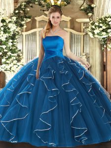 Excellent Strapless Sleeveless Sweet 16 Dress Floor Length Ruffles Blue Tulle