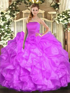 Sexy Organza Strapless Sleeveless Lace Up Ruffles Sweet 16 Quinceanera Dress in Lilac