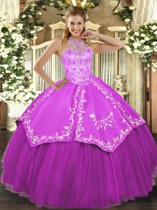 Fuchsia Halter Top Lace Up Beading and Embroidery Vestidos de Quinceanera Sleeveless