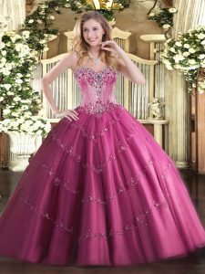 Top Selling Fuchsia Sleeveless Tulle Lace Up Quinceanera Gowns for Sweet 16 and Quinceanera