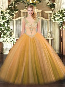 Gold Sleeveless Floor Length Beading Lace Up Quince Ball Gowns