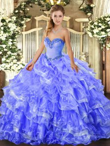 Fancy Floor Length Blue Quinceanera Gowns Organza Sleeveless Beading and Ruffled Layers