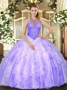 High-neck Sleeveless Quince Ball Gowns Floor Length Beading and Ruffles Lavender Organza