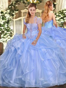 Organza Strapless Sleeveless Lace Up Appliques and Ruffles Quinceanera Dresses in Light Blue