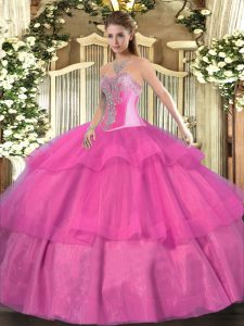 Fantastic Hot Pink Lace Up Ball Gown Prom Dress Beading and Ruffled Layers Sleeveless Floor Length