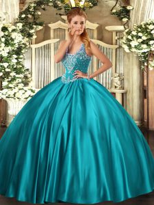 Extravagant Teal Sleeveless Floor Length Beading Lace Up Quinceanera Dress