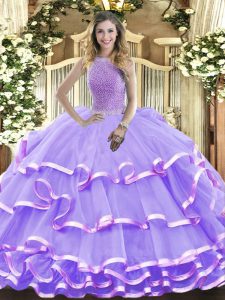 Customized Lavender High-neck Lace Up Beading and Ruffled Layers 15th Birthday Dress Sleeveless