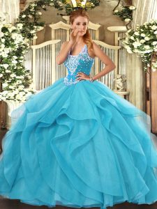 Ideal Beading and Ruffles Sweet 16 Dresses Aqua Blue Lace Up Sleeveless Floor Length