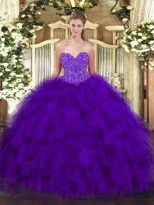 Custom Design Purple Sleeveless Floor Length Beading and Ruffles Lace Up Quinceanera Dresses