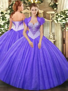 Delicate Lavender Tulle Lace Up Sweetheart Sleeveless Floor Length Ball Gown Prom Dress Beading