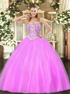 Wonderful Lilac Lace Up Sweet 16 Dresses Beading Sleeveless Floor Length