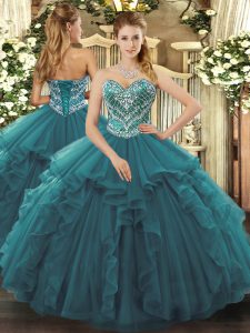 Stylish Turquoise Lace Up Quinceanera Dress Beading and Ruffles Sleeveless Floor Length