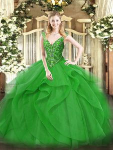 Amazing Floor Length Green 15th Birthday Dress V-neck Sleeveless Lace Up