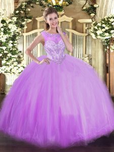 Lavender Ball Gowns Beading Quinceanera Gowns Zipper Tulle Sleeveless Floor Length