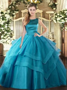 High Class Teal Scoop Neckline Ruffled Layers Quinceanera Gowns Sleeveless Lace Up