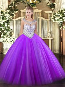 Perfect Floor Length Eggplant Purple 15th Birthday Dress Scoop Sleeveless Zipper